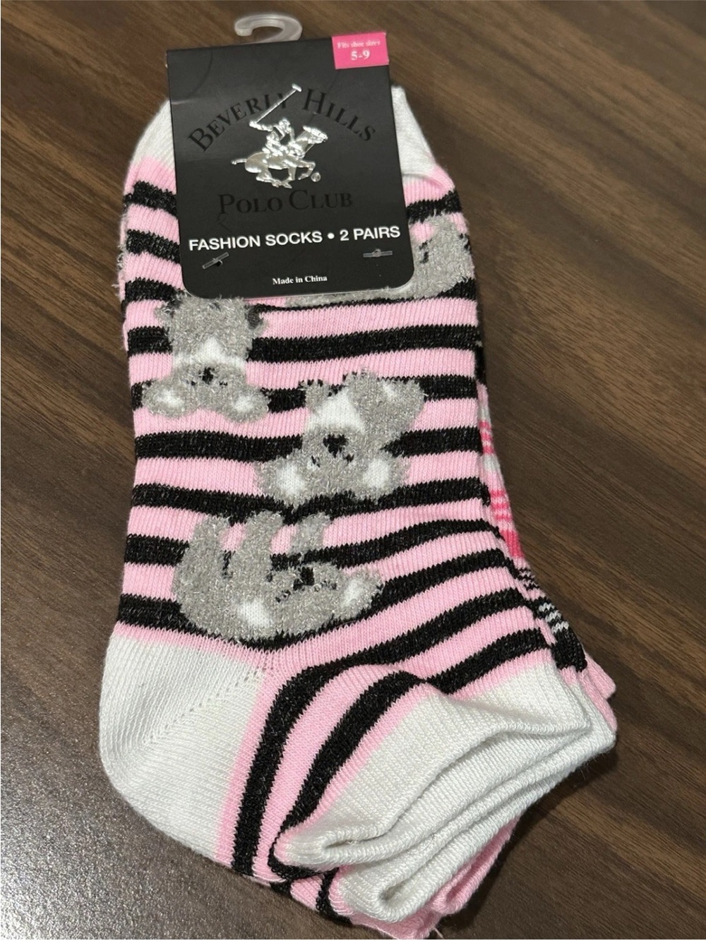 Beverly Hills Polo Club Pink, Black & White Striped Bunny Ankle Socks (2 Pairs)